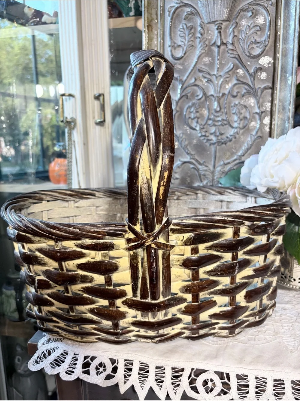 Farmhouse cottage wood basket French country decor